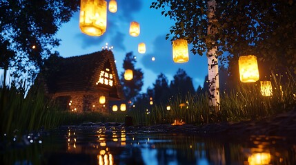 Serene night scene featuring a cozy cottage surrounded by floating lanterns over a reflective pond