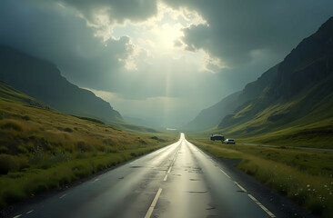 A highland road drenched after a sudden summer storm, under sunlight. Generative AI