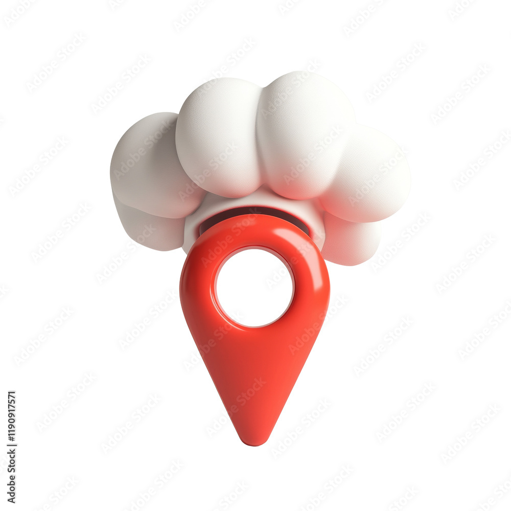 Poster A 3D rendering depicts a red location pin topped by a stylized white cloud, symbolizing location-based services or cloud computing.