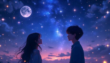 Obraz premium Starry Night Lovers: Anime Couple Under a Romantic Celestial Canvas