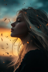 dreamy side profile of a young woman with flowing blonde hair, golden sunset illuminating the background, scattered autumn leaves drifting in the air, serene expression, soft light and vibrant tones