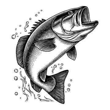 black and white bass jumping clip art preview