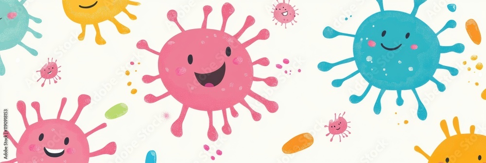 Leinwandbilder smiling cartoon microbes floating playfully in a colorful and cheerful background. generative ai