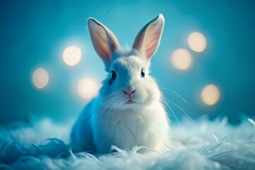 Obraz premium Mystical White Rabbit in Low Light, Soft Blue Background - Stock Photo
