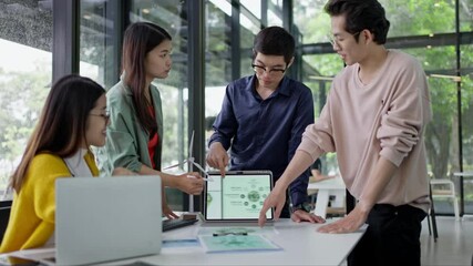 Young Asian business team discussion reusable product in office,start up eco-friendly business,environmental protection,sustainable business model,ESG strategy,team meeting,people work at home concept