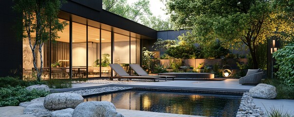 Obraz premium Modern house with illuminated patio, pool, and lush garden at dusk