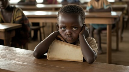 Young child facing challenges while studying in classroom, symbolizing perseverance and determination in overcoming academic difficulties.