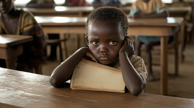 Young child facing challenges while studying in classroom, symbolizing perseverance and determination in overcoming academic difficulties.