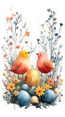 Charming Watercolor Illustration of Birds and Eggs Surrounded by Flowers, Perfect for Celebrating Easter and Chinese New Year in a Minimalist Style