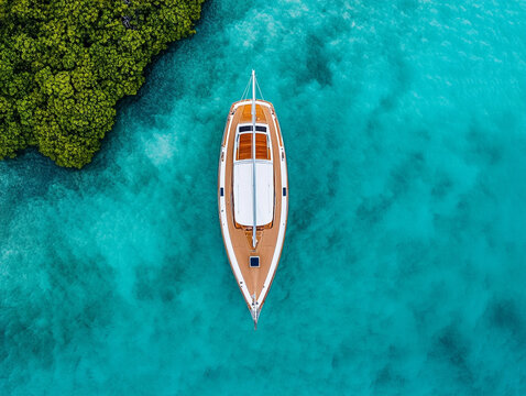Vibrant sailboat anchored in clear turquoise water
