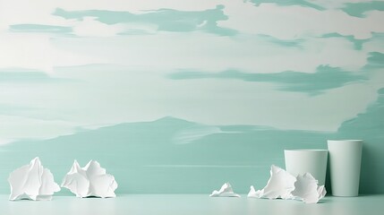 Abstract Pastel Green Background with White Sculptures