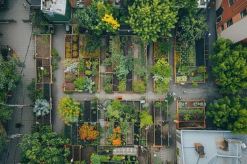Aerial view of a vibrant community garden filled with various plants and organized garden beds.