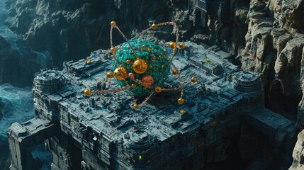 Futuristic Structure with Suspended Orb in a Rocky Landscape Under a Starry Sky.
