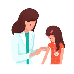 Preventive vaccination for children at hospital. Doctor vaccinating girl child. Pediatrician making injection. Medical treatment, disease prevention, healthcare and immunize. Vector illustration.
