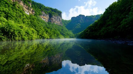 Serene river landscape surrounded by lush green mountains under a clear blue sky