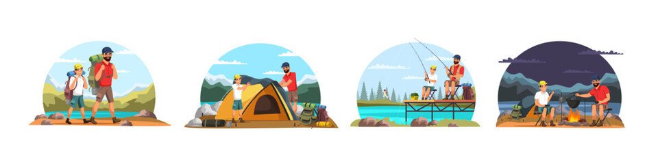 Obraz premium Family travelling, active vacation and hiking set. Father and son with backpacks go to mountains, fishing, camping, cooking in camp bowler at stake and spend time together. Flat vector illustrations.