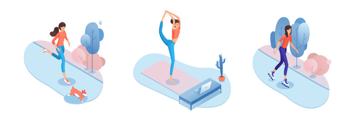 Woman leisure activities. Active lifestyle of young female person. Spa procedure, home yoga, fitness exercise. Outdoor roller skating, morning jogging. Flat vector illustration.