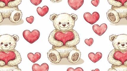 Cute teddy bears holding hearts in a playful pattern.