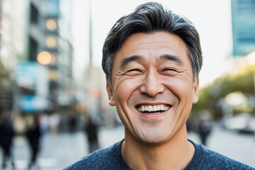 Obraz premium Joyful man smiling in a busy urban environment