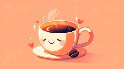A cute kawaii coffee cup character, embodying cheerful charm with a cartoonish design
