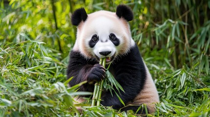Fototapeta premium A cute panda sits amidst bamboo, munching on stalks, showcasing its playful demeanor in a lush, green environment.