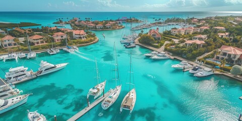 Obraz premium Aerial view of a vibrant marina with yachts and luxurious homes along a turquoise coastline.