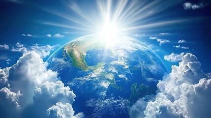 Naklejka premium Earth rising above fluffy clouds with sun rays.