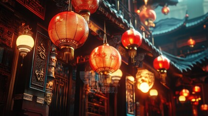 A beautiful shot of a Chinese temple with intricate details, featuring red festive lanterns, evoking the traditional architecture and cultural essence of Chinatown