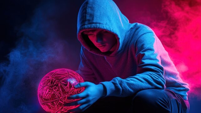 A hooded figure kneels in a colorful haze, holding a glowing orb, embodying a mysterious and futuristic atmosphere.