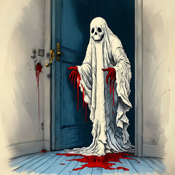 Creepy Ghost Figure in a Flowing Sheet Standing in an Open Doorway, Haunting Halloween Horror Illustration with Skull Face, Dripping Blood and Supernatural Details