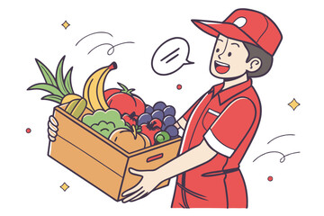 Cheerful delivery person, red uniform, red cap, holding large box of fresh fruits and vegetables, colorful produce, apples, bananas, grapes, eggplant, tomatoes, peppers, strawberries, vibrant colors, 