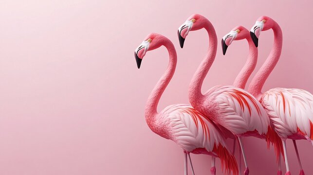 Pink flamingos standing together on pink background