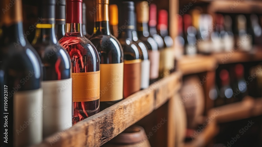 Poster a beautifully arranged wine collection on rustic wooden racks in a dimly lit cellar, creating a time