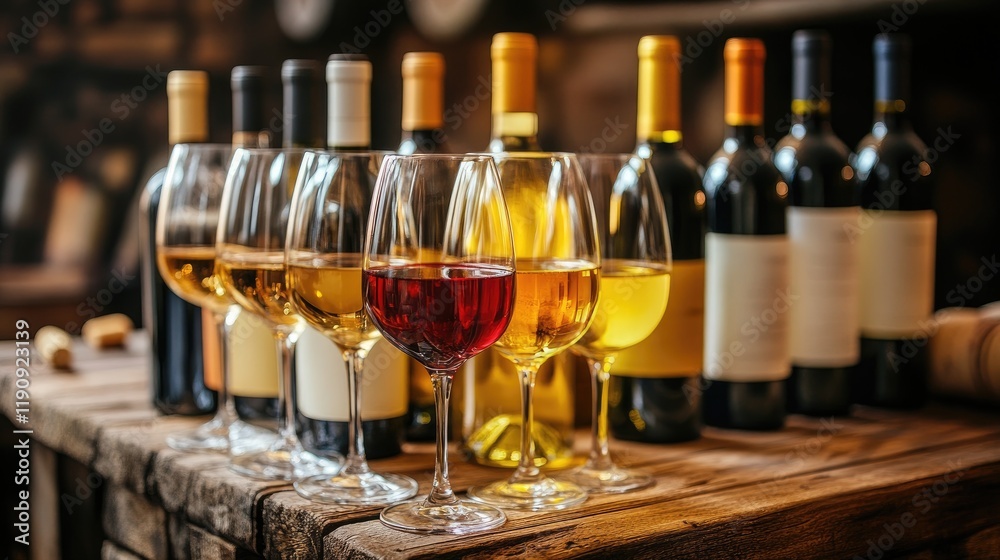 Aufkleber a beautifully arranged wine collection on rustic wooden racks in a dimly lit cellar, creating a time