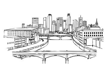 Obraz premium Black and white illustration. City Architecture. Black line art on a white background.