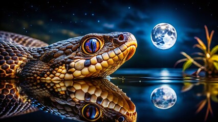 Fototapeta premium Night Lake Water Moccasin - Dangerous Reptile in Dark Waters