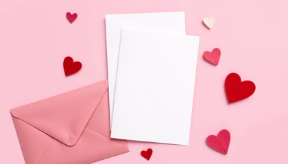 Two white blank cards and pink envelope on pink background mockup for greeting post message