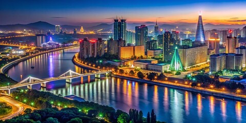 Fototapeta premium Night Lights Illuminate Pyongyang Cityscape, North Korea - Stunning Panoramic View