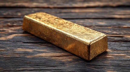 Gold bar resting on a wooden surface with a blurred background in a well-lit setting