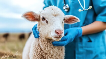 A veterinarian in blue scrubs gently examines a sheep in a field, highlighting care for livestock and animal health.