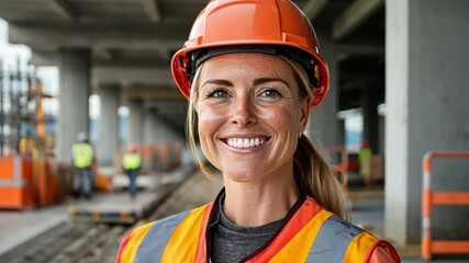 A smiling female construction worker wearing a hard hat and safety vest on a job site.