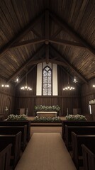 Fototapeta premium Rustic Chapel Interior with Floral Decorations and Wooden Beams for Serene Celebrations