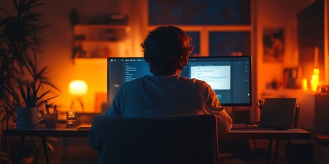 Night coder working on dual monitors in home office