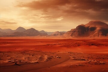Naklejka premium Red planet Mars with rocky landscape. Space technologies, space exploration and travel. Futuristic and sci-fi concept. Life on Mars. World Space Week, International Day of Human Space Flight