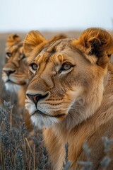 Fototapeta premium Majestic close-up of a pair of lions in their natural habitat, exuding power and grace. The lions are surrounded by the natural flora of the savannah under a serene sky.