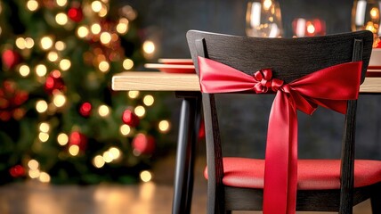 A festive dining setup with a red ribbon on a chair, decorated for Christmas, with a beautifully lit tree in the background.