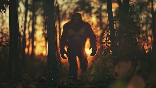 A rare shot of the mysterious bigfoot in a forest at sunset.