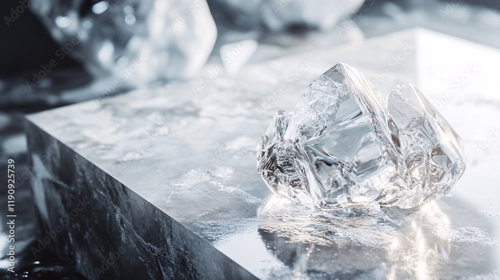 Poster melting ice cubes resting on frozen surface reflecting light