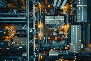 Aerial view of an industrial area with buildings, containers, and illuminated pathways at night.
