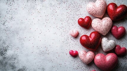 Red and white hearts scattered on a gray background creating a festive and romantic atmosphere valentine day